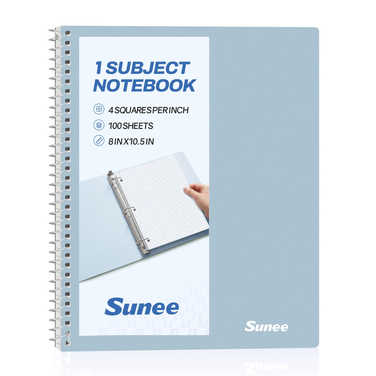 SUNEE Spiral Notebook, 1-Subject, Graph Ruled Paper, 8" x 10-1/2", 100 Sheets per Notebook, 3-Hole