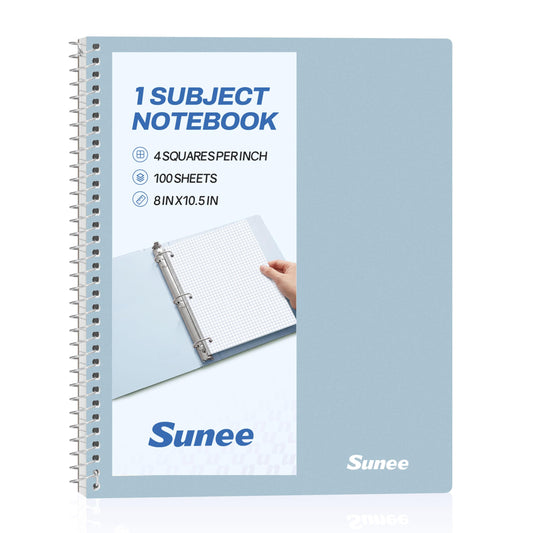 SUNEE Spiral Notebook, 1-Subject, Graph Ruled Paper, 8" x 10-1/2", 100 Sheets per Notebook, 3-Hole