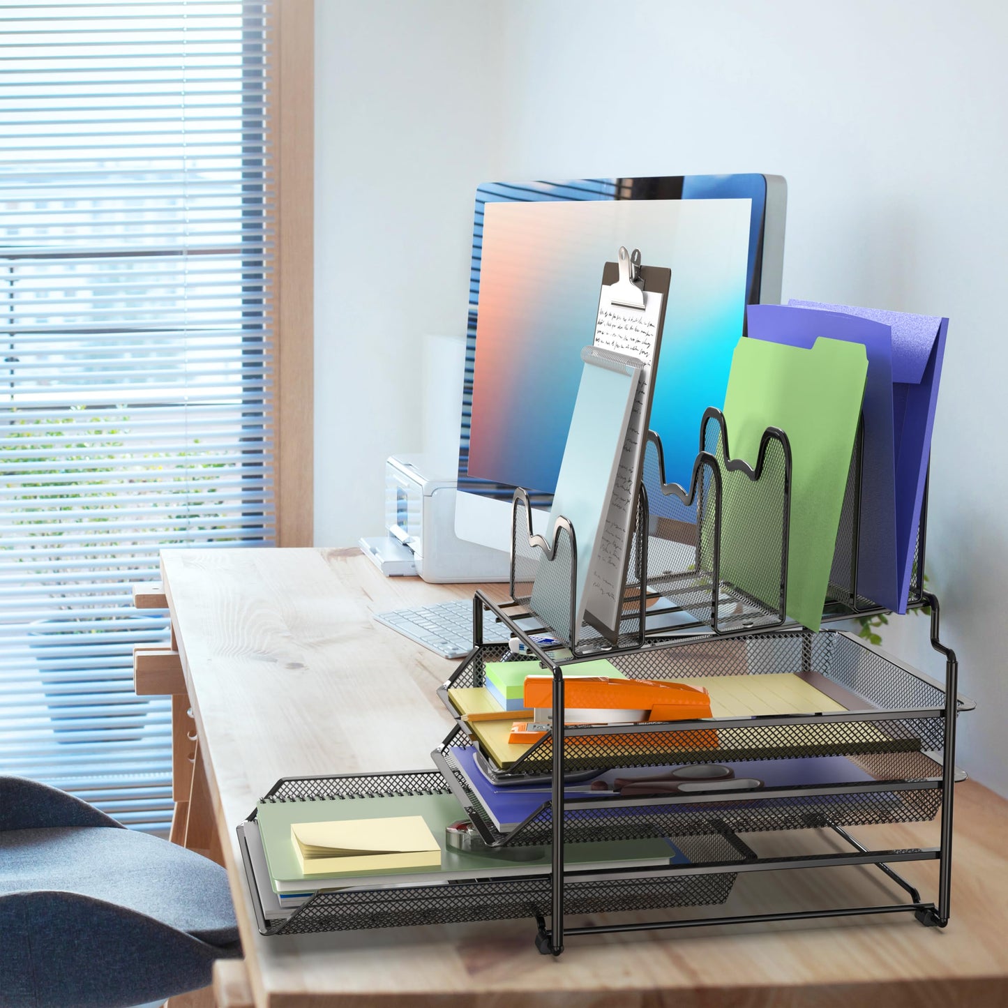 Simple Houseware Desk Organizer, 3 Sliding Tray & 5 Stacking Section, Black