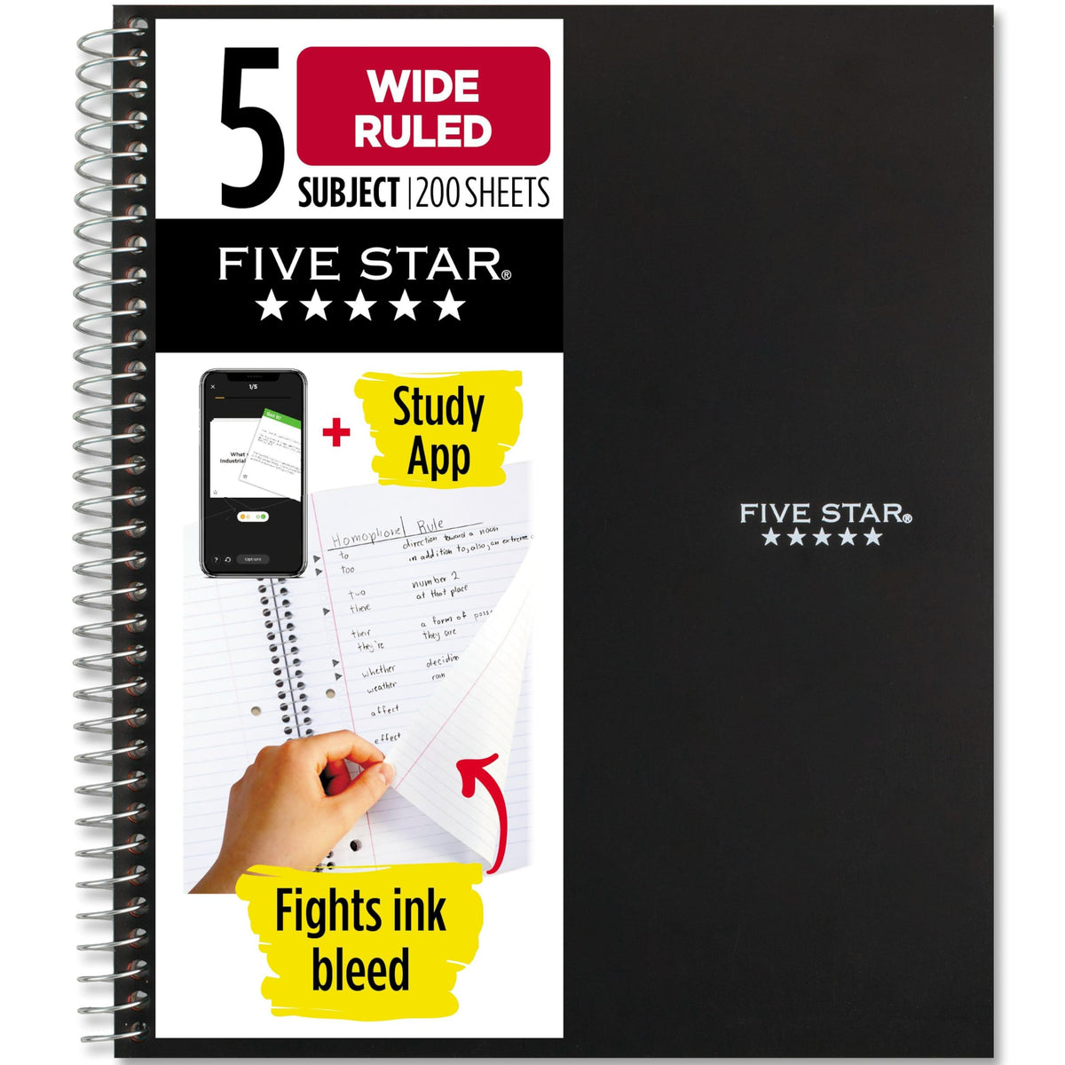 Five Star Spiral Notebook + Study App, 5 Subject, Wide Ruled 8" x 10.5" Paper, 200 Sheets, Fights