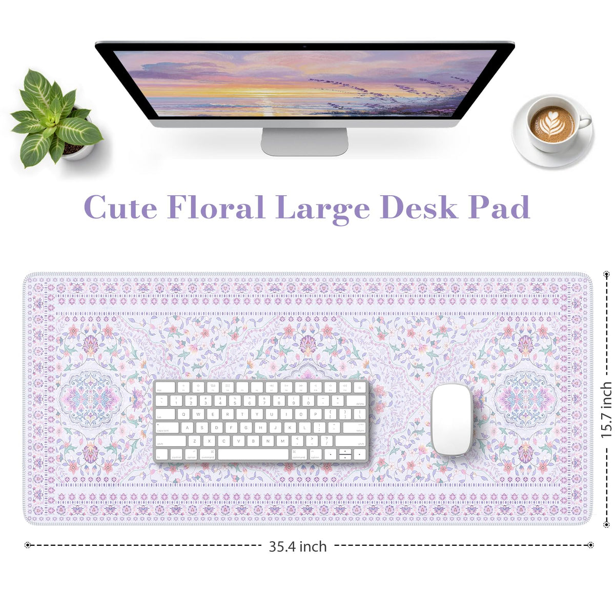HAOCOO Purple Floral Desktop Mat, 35.4" x 15.7" Mouse Pad for Cubicle