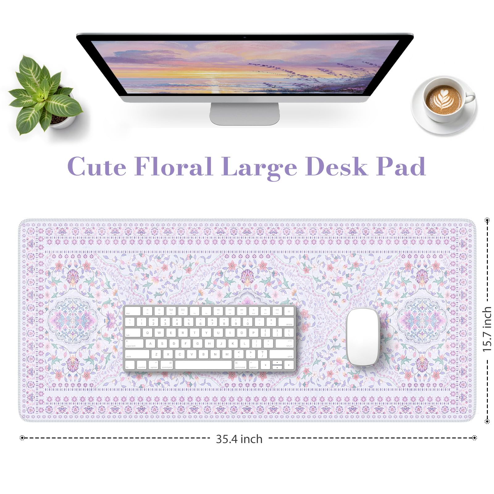 HAOCOO Purple Floral Desktop Mat, 35.4" x 15.7" Mouse Pad for Cubicle