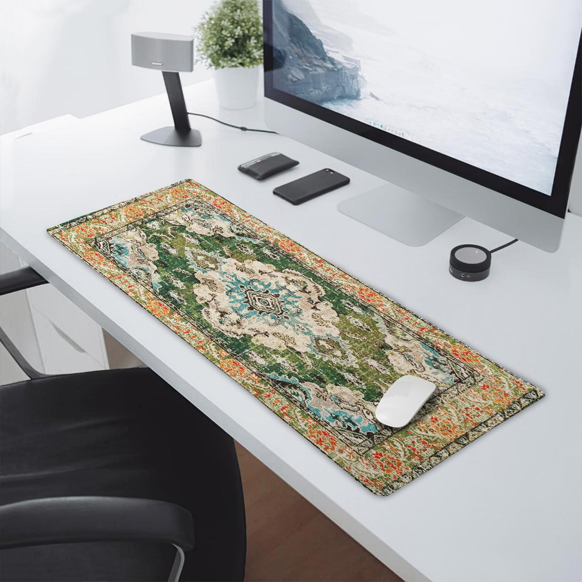 Vintage Rug Mouse Pad XL Green Orange Retro Carpet Aesthetic Extended Table Mat 80X30 cm Non-Slip