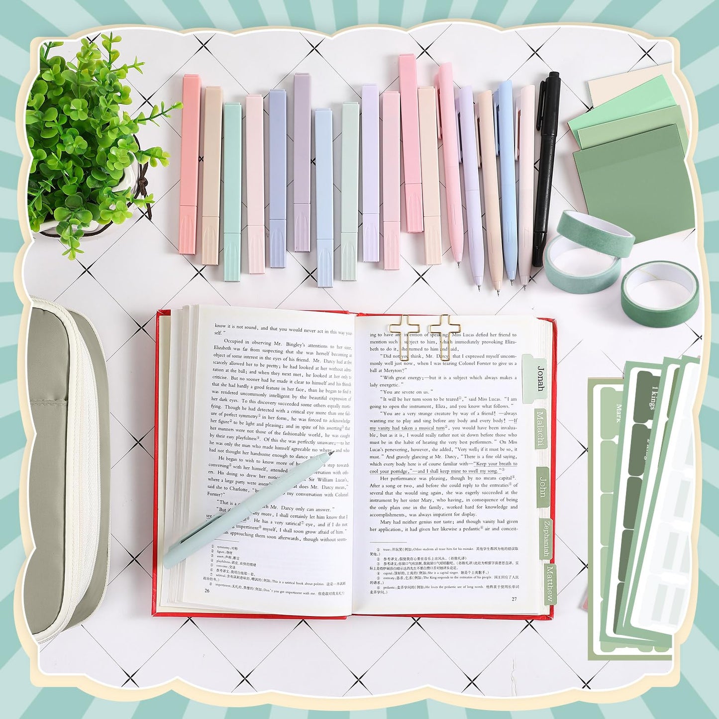 Dunzoom 137 Pcs Bible Study Supplies Journaling Kit 1 Pencil Case 12 Highlighters 4 Sticky Notes 6