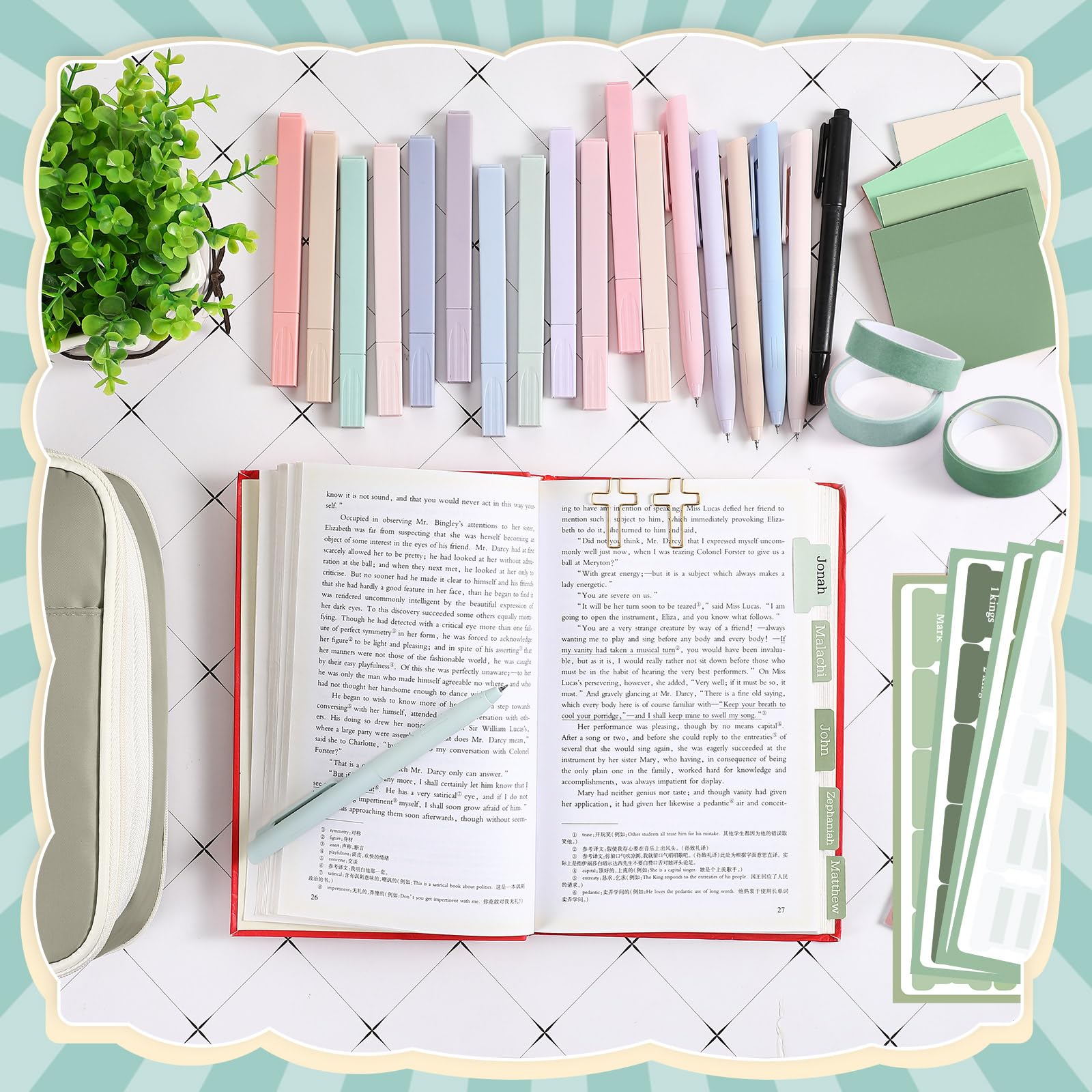 Dunzoom 137 Pcs Bible Study Supplies Journaling Kit 1 Pencil Case 12 Highlighters 4 Sticky Notes 6