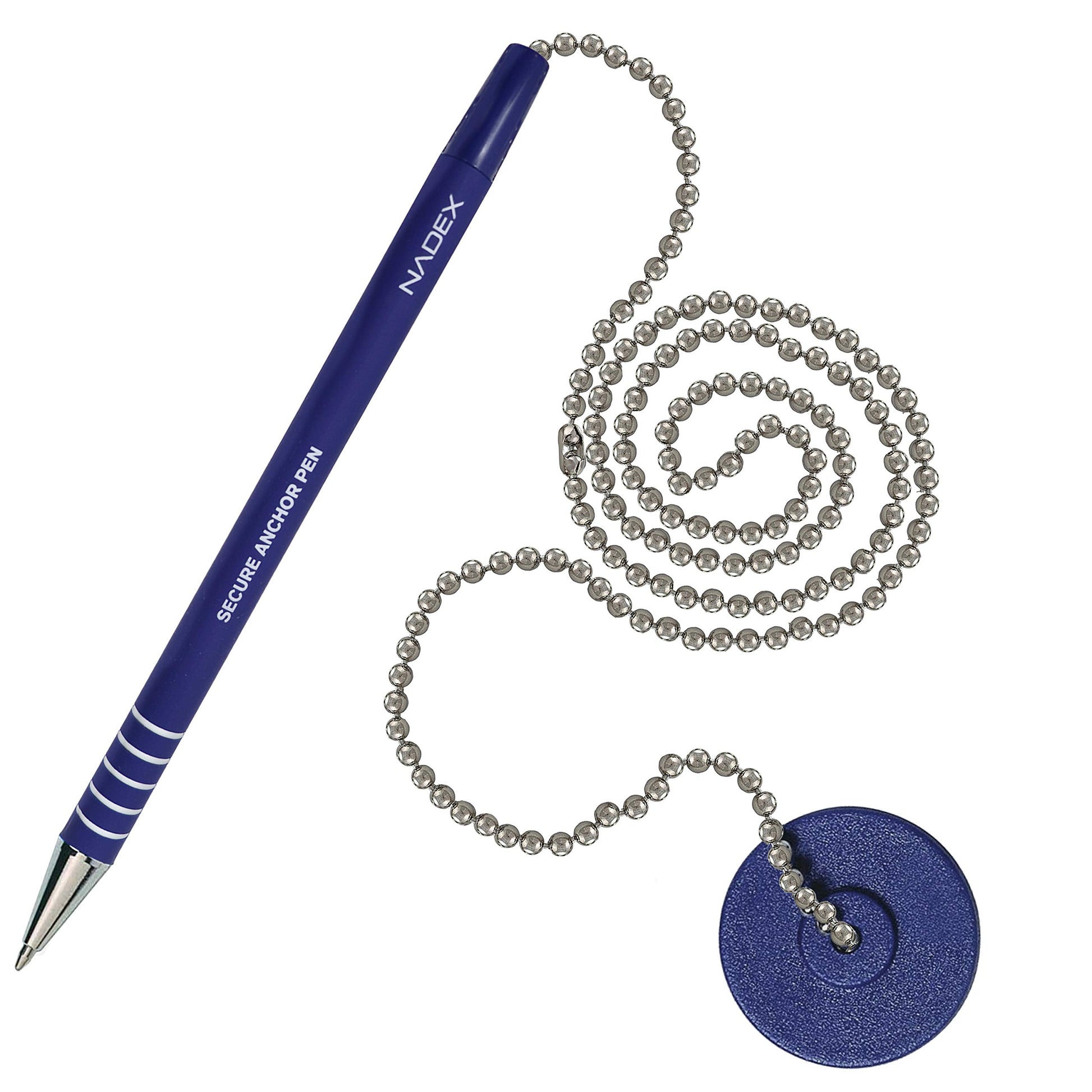 Nadex Ball and Chain Security Pen Set | 12 Pens, 12 Adhesive Mounts, and 12 Refills (Blue)