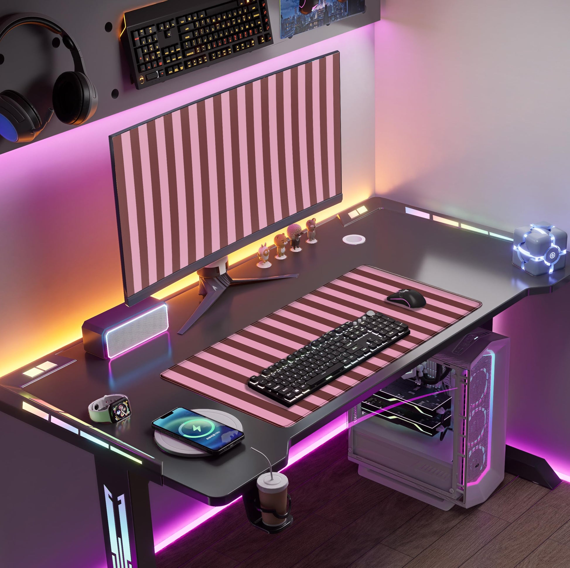 Pink and Burgundy Striped Desk Mat Cute Pastel XXL Large Gaming Mouse Pad Desk Pad Kawaii Cozy