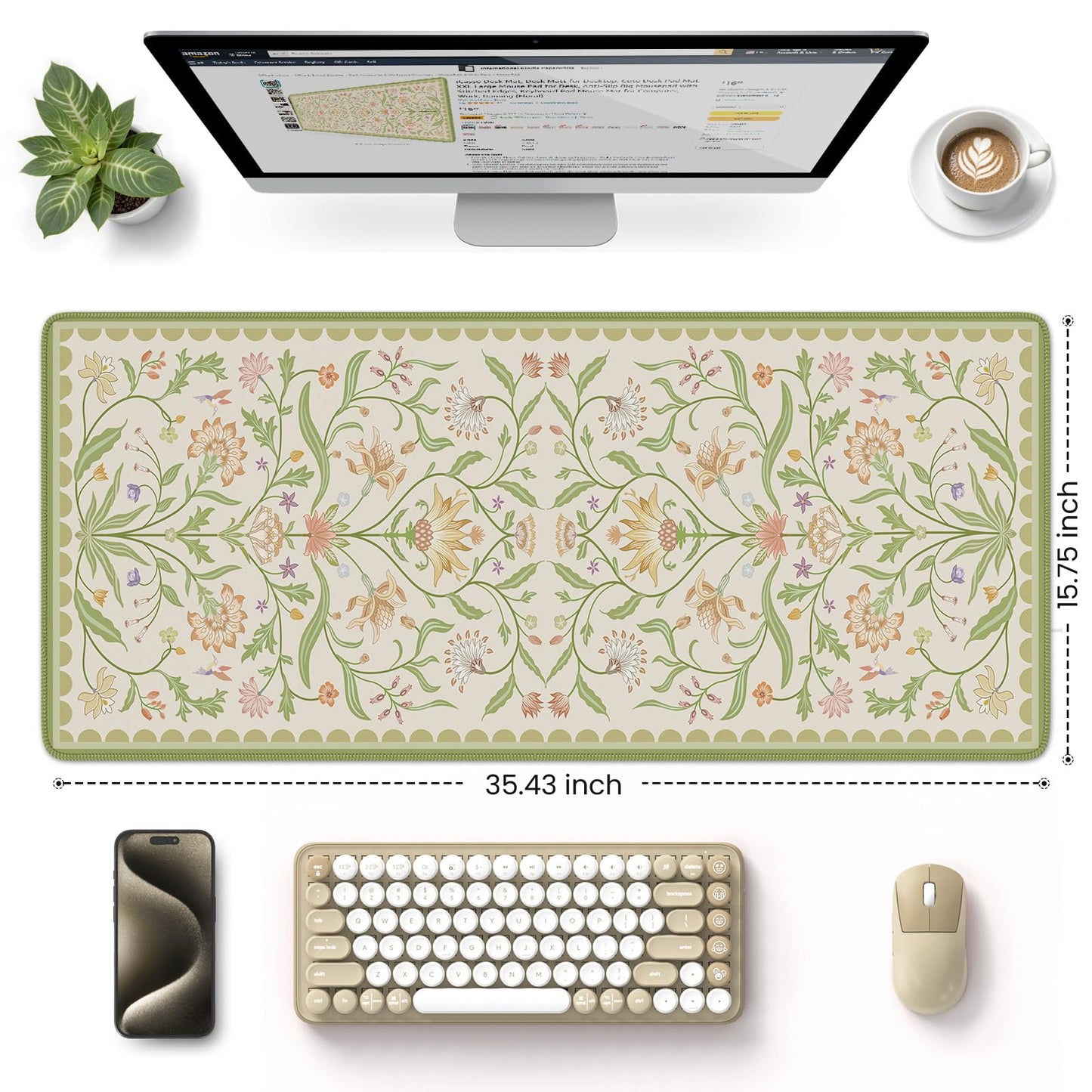 HAOCOO Sage Green Iris Desk Mat, Big Mouse Pad for Keyboard, Non-Slip Base