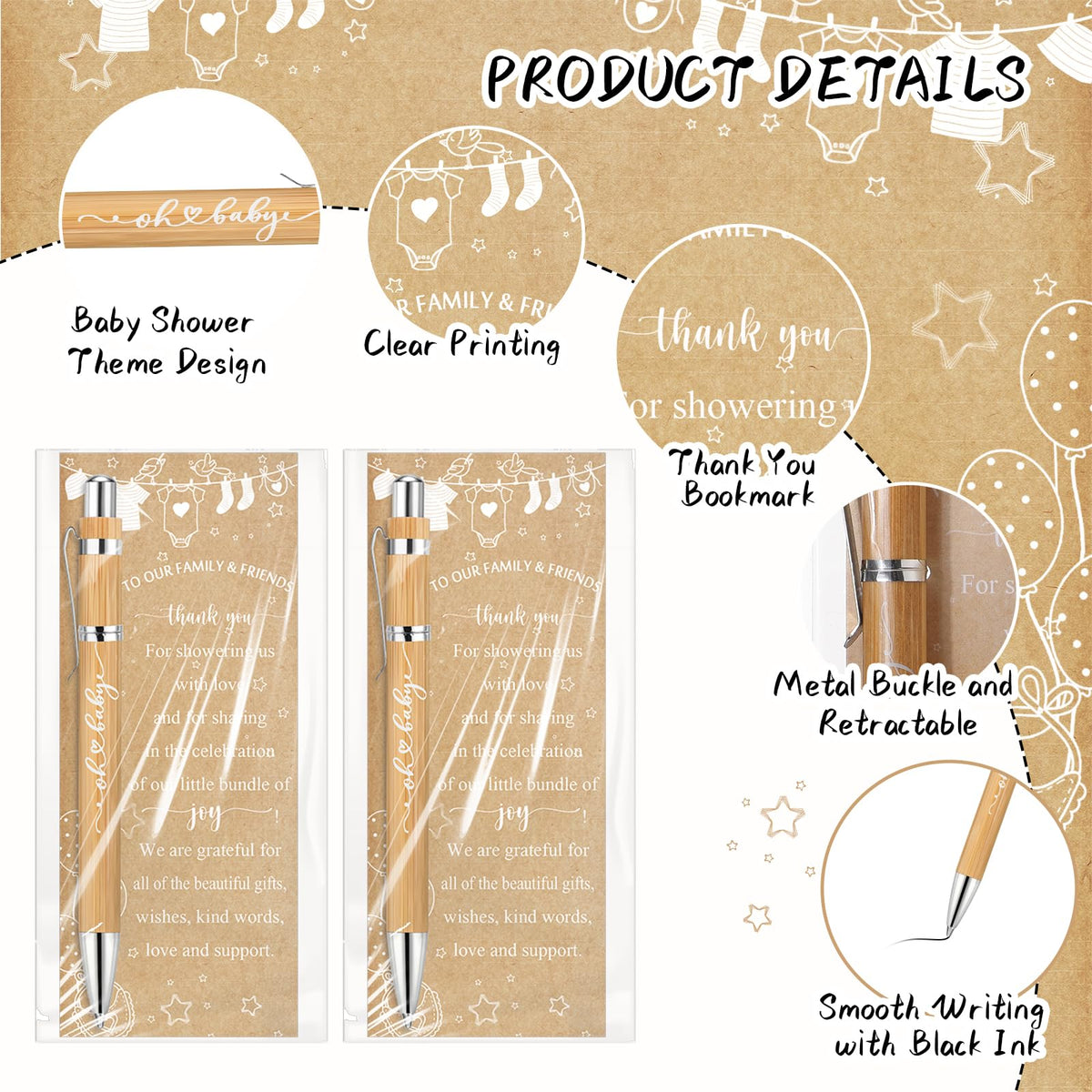Zhanmai 36 Set Rustic Baby Shower Favors for Guests Include 36 Ballpoint Pens 36 Thank You Cards 36