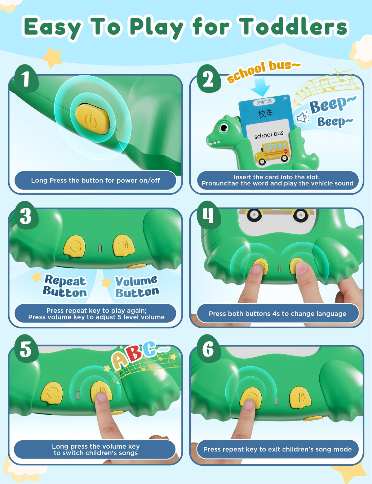 Chinese and English Talking Flash Cards for Kids, 510 Words, Dino Shaped
