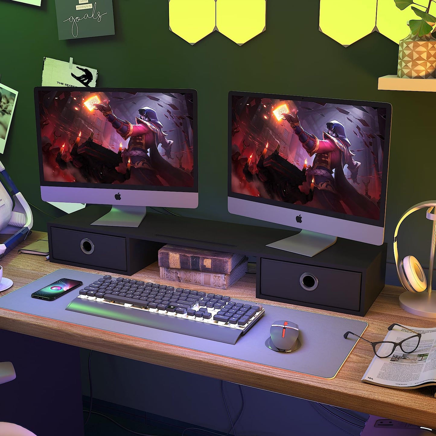 WESTREE Dual Monitor Stand Riser with Two Drawers, Extra Large Storage Monitor Stand for 2