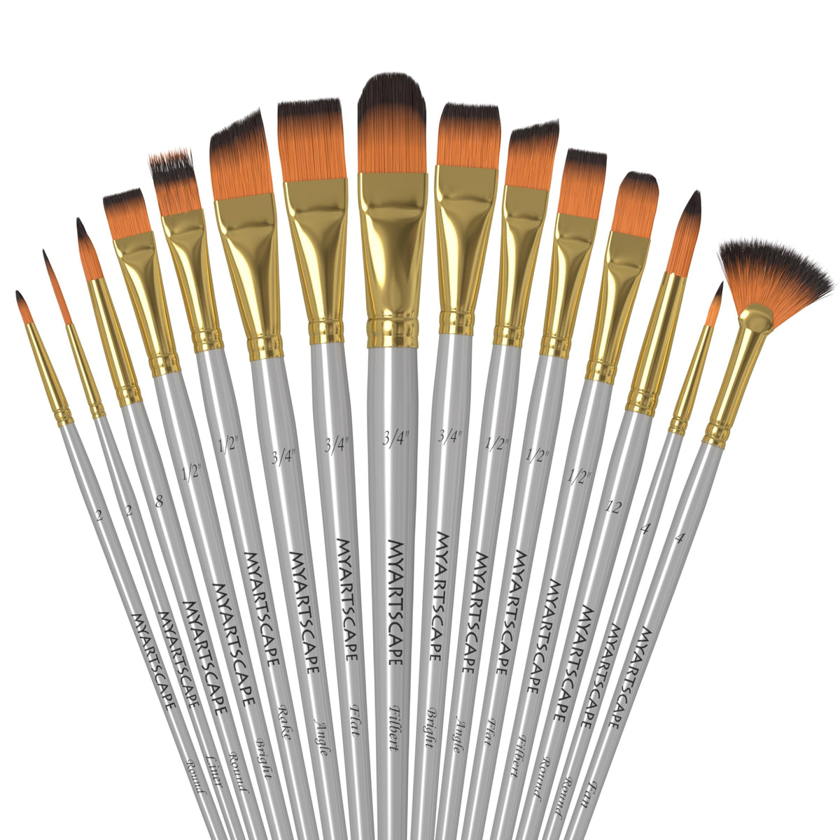 MyArtscape Paint Brush Set - 15 Short Handle Taklon Artist Brushes