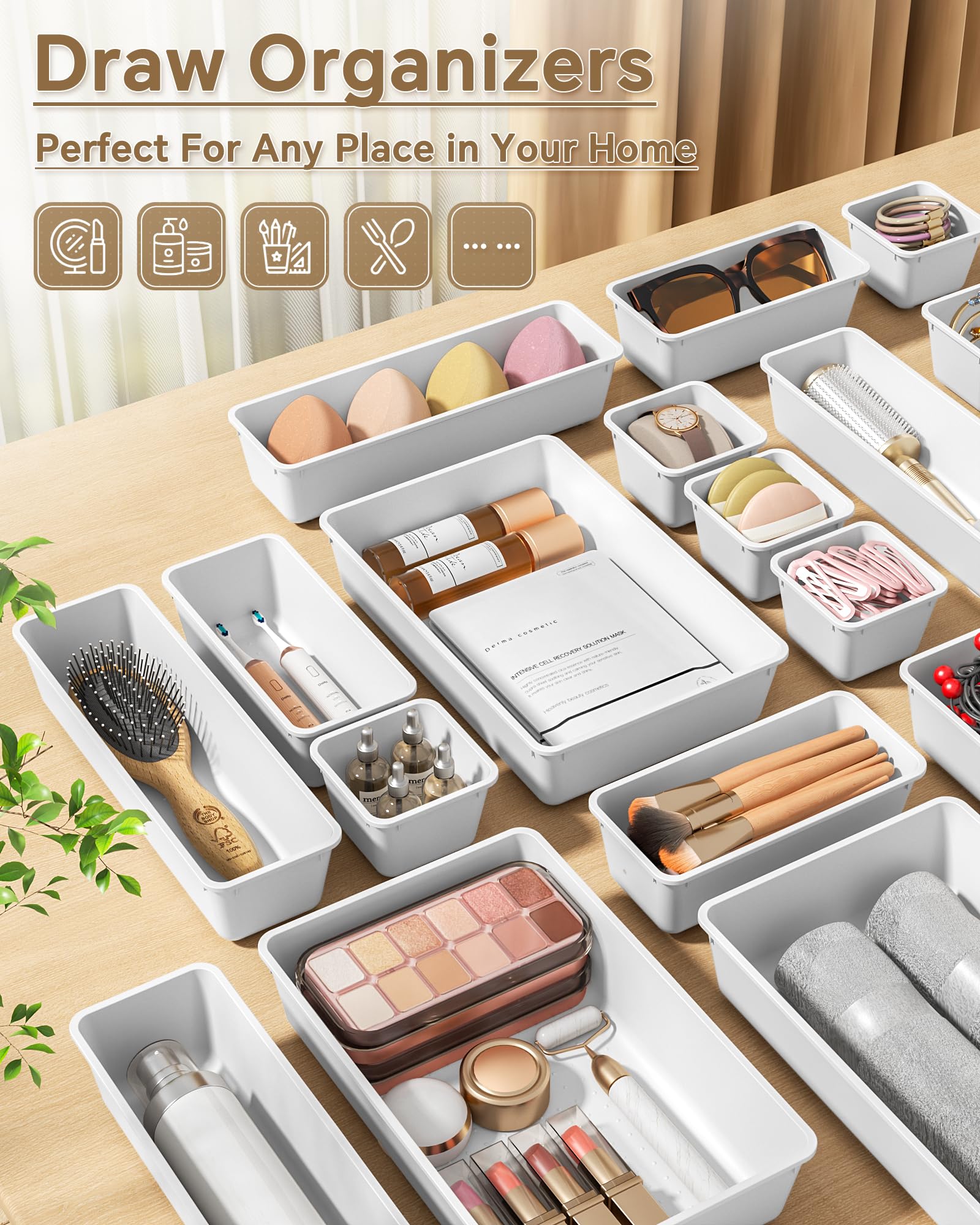 KEMETHY 25 PCS Plastic Drawer Organizers Set, 4 Sizes Vanity Organizer, Makeup and Desk Drawer