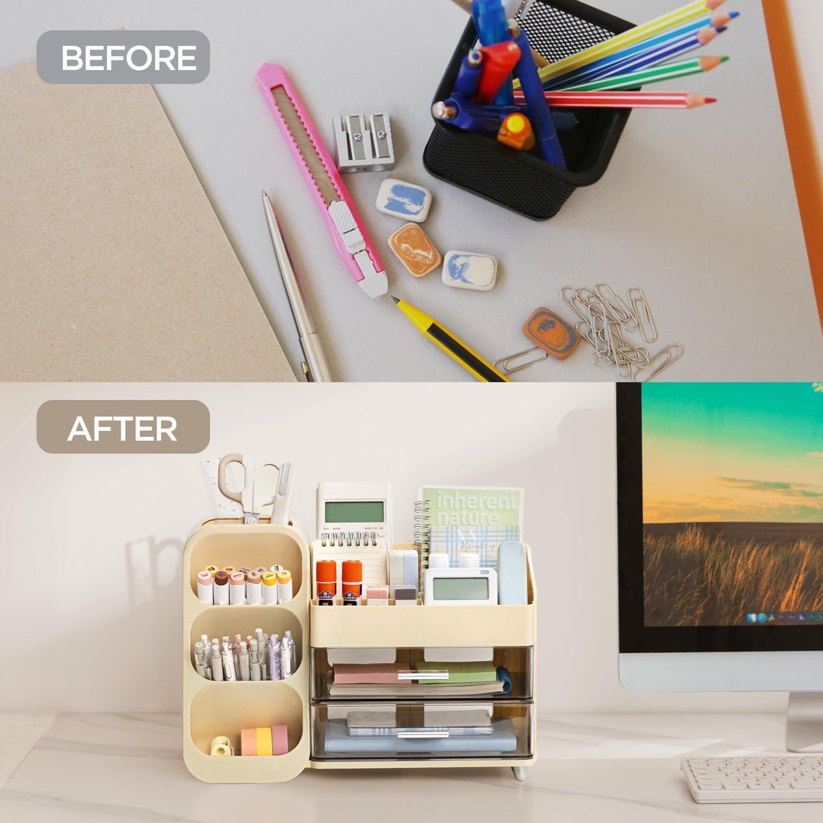 HBlife Desk Organizer with Pen Pencil Holder for Desk, Pen Organizer with 2 Drawers, Desk