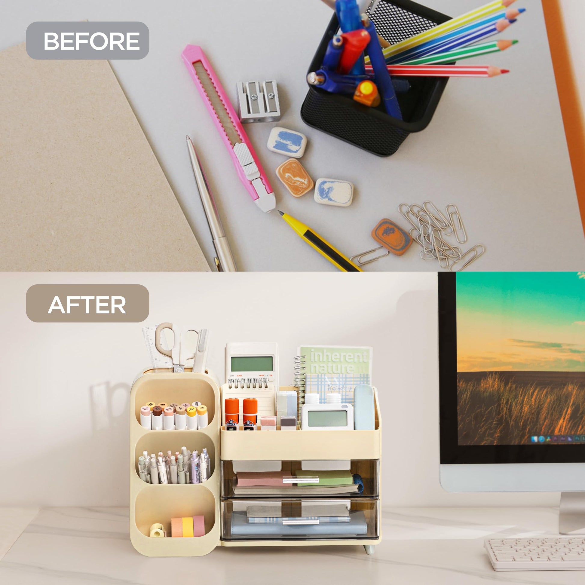 HBlife Desk Organizer with Pen Pencil Holder for Desk, Pen Organizer with 2 Drawers, Desk
