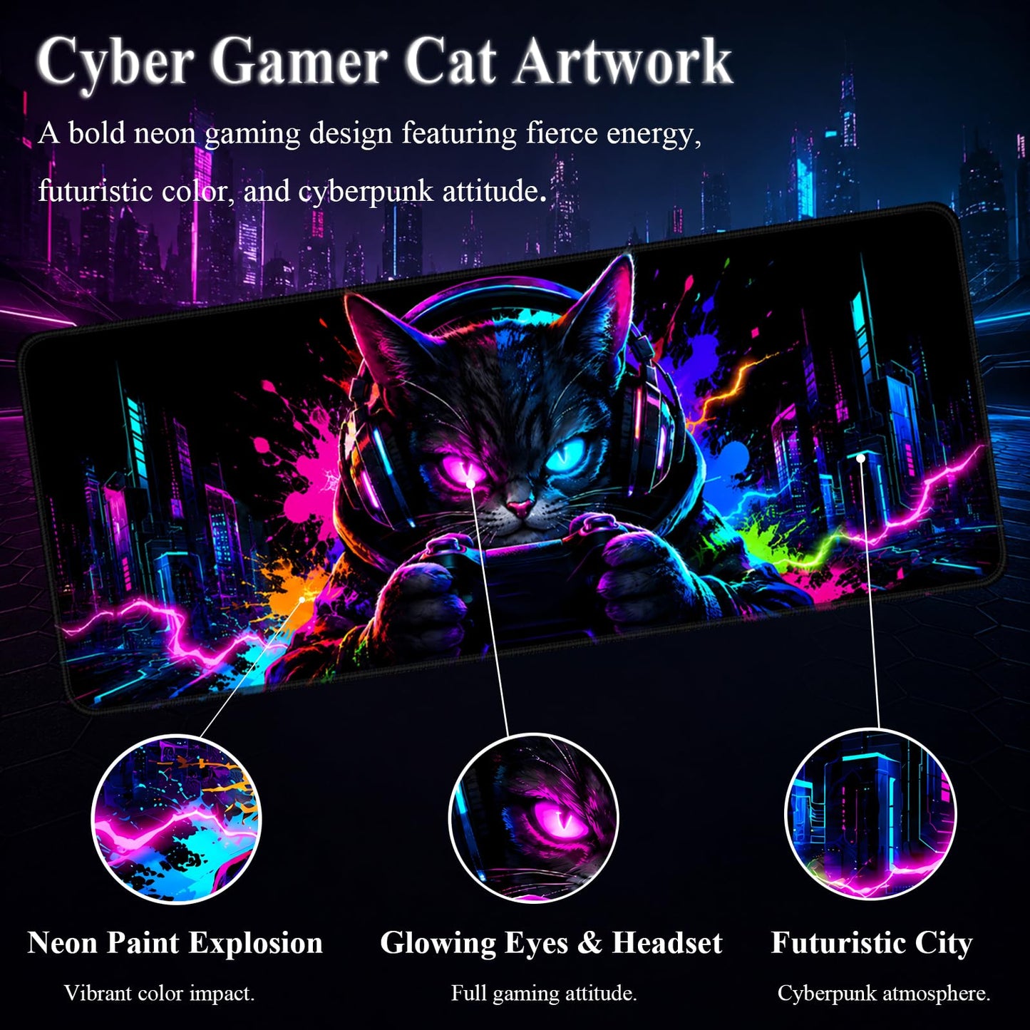 Simpkeely Blacklight Cat Large Gaming Mouse Pad for Desk, Keyboard Mat