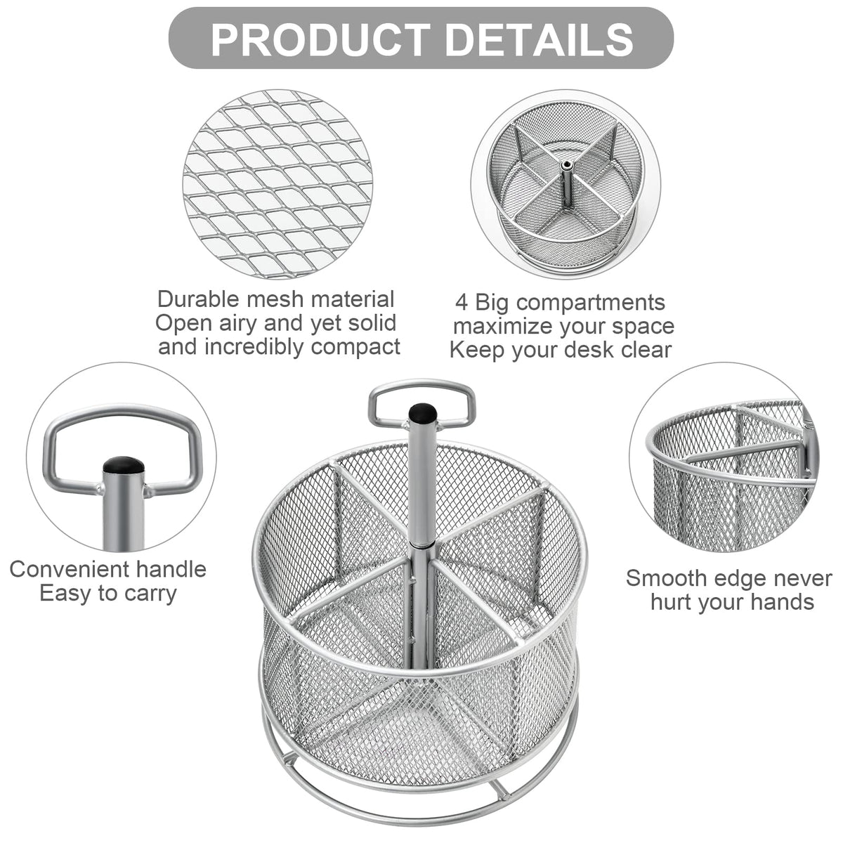 Marbrasse Mesh Desk Organizer, 360-Degree Rotating Multi-Functional Pen Holder, 4 Compartments