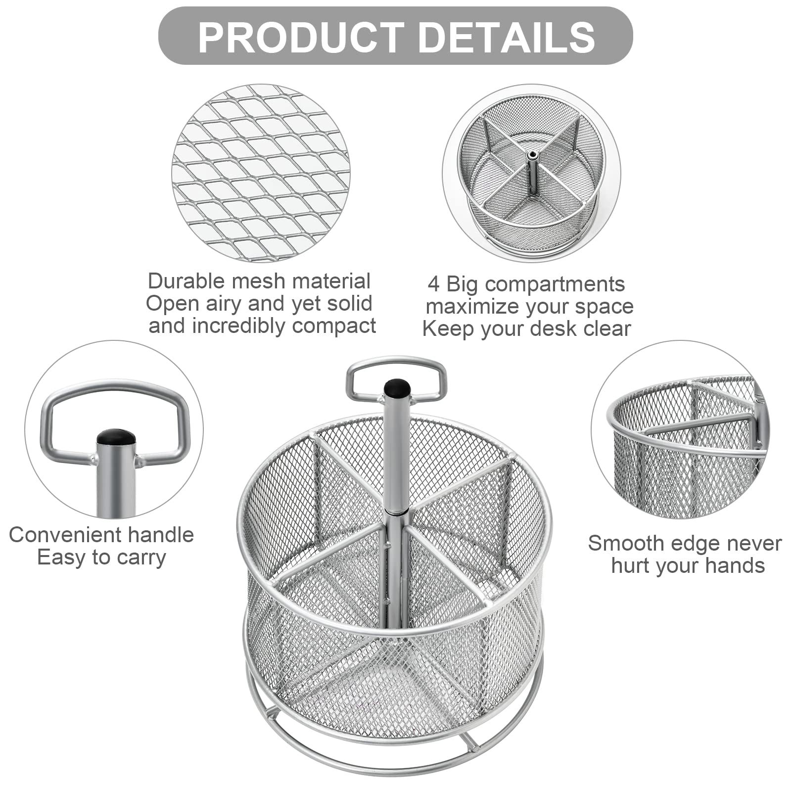 Marbrasse Mesh Desk Organizer, 360-Degree Rotating Multi-Functional Pen Holder, 4 Compartments