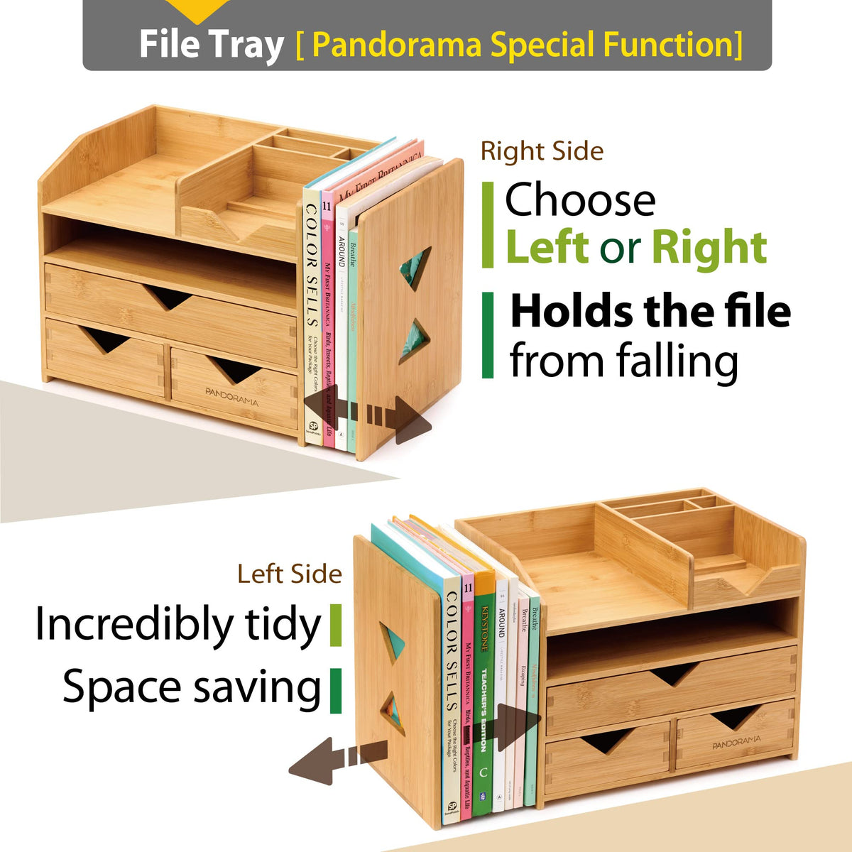 Pandorama Bamboo Desk Organizer Large - A4 Drawers & Adjustable File Holder, Fully Assembled Wood