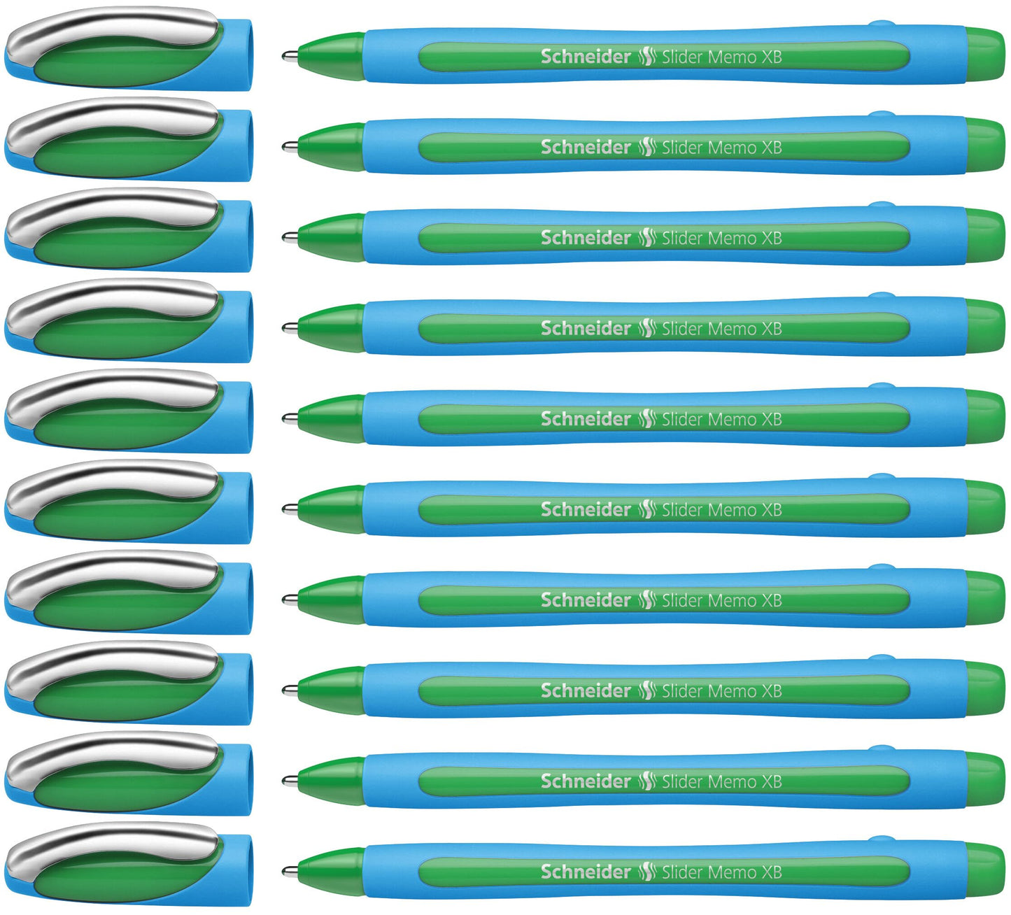 Schneider Slider Memo XB (Extra Broad) Ballpoint Pen, 1.4 mm, Light Blue Barrel, Green Ink, Box of