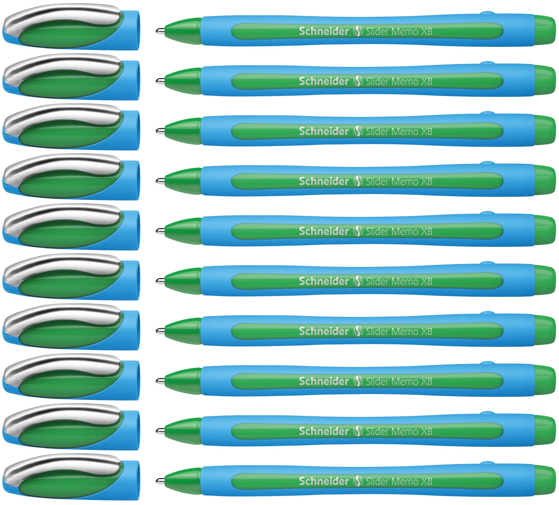 Schneider Slider Memo XB (Extra Broad) Ballpoint Pen, 1.4 mm, Light Blue Barrel, Green Ink, Box of