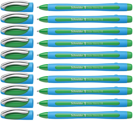 Schneider Slider Memo XB (Extra Broad) Ballpoint Pen, 1.4 mm, Light Blue Barrel, Green Ink, Box of