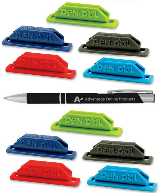 10 Pack Assorted Colors Pen Pal Pen Holders with Custom Advantage Black and Chrome Retractable Pen