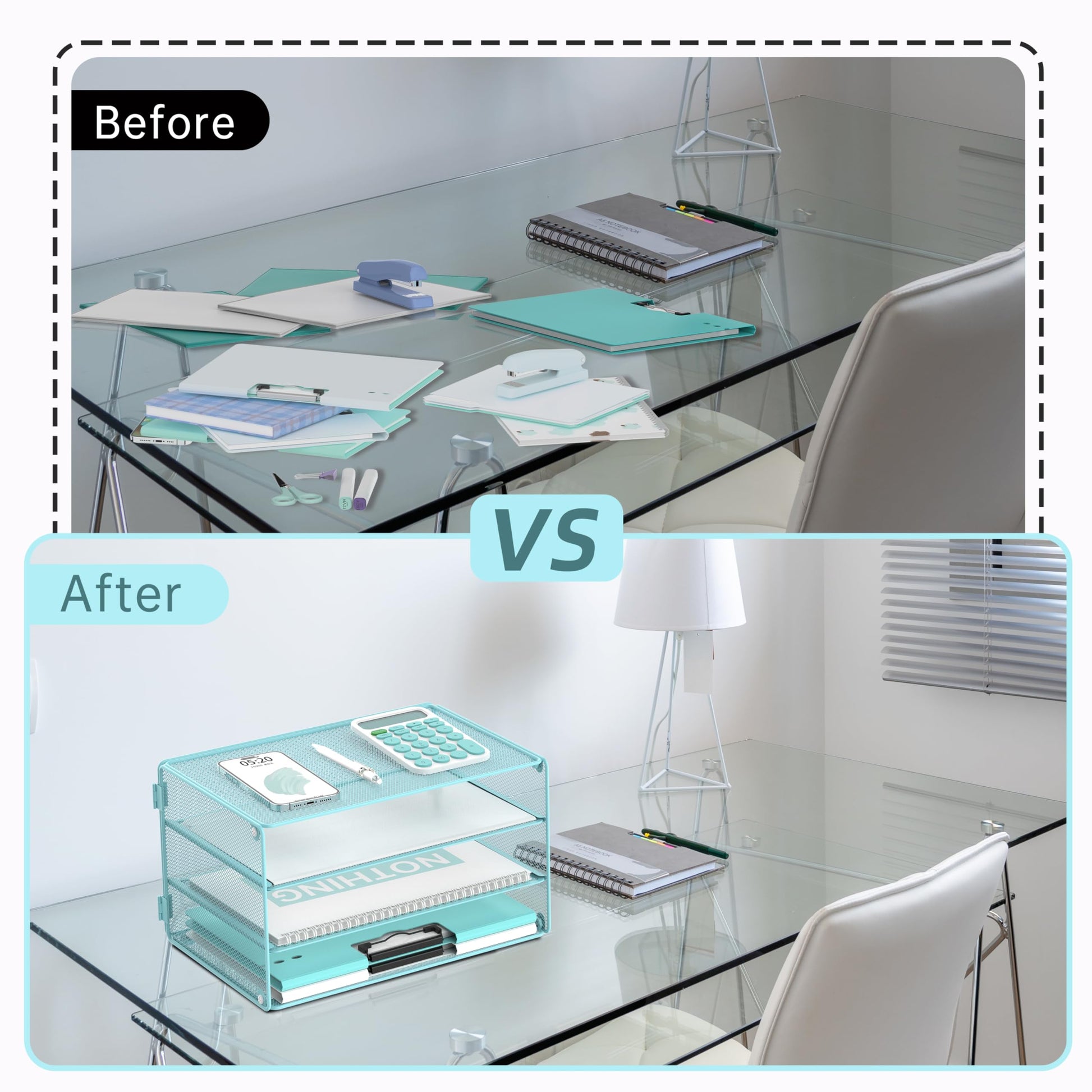 DALTACK 3 Tier Letter Tray Paper Organizer with Sliding Mesh Trays Blue