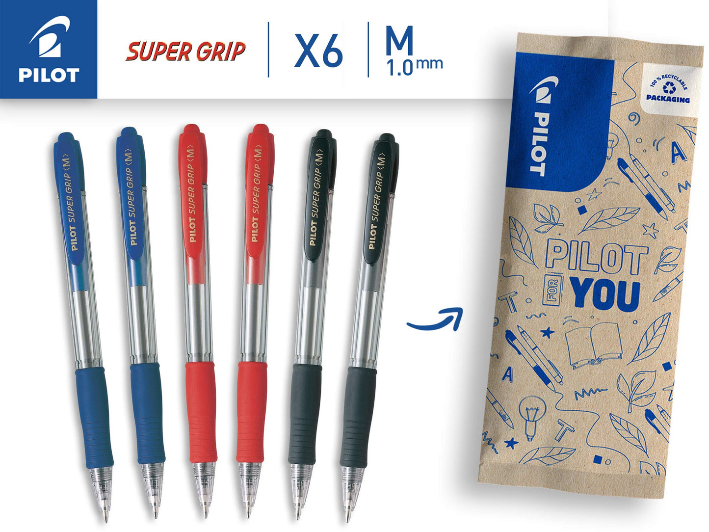 Pilot Super Grip Ballpoint Pens, Set of 6 in M (Blue, Black, Red)
