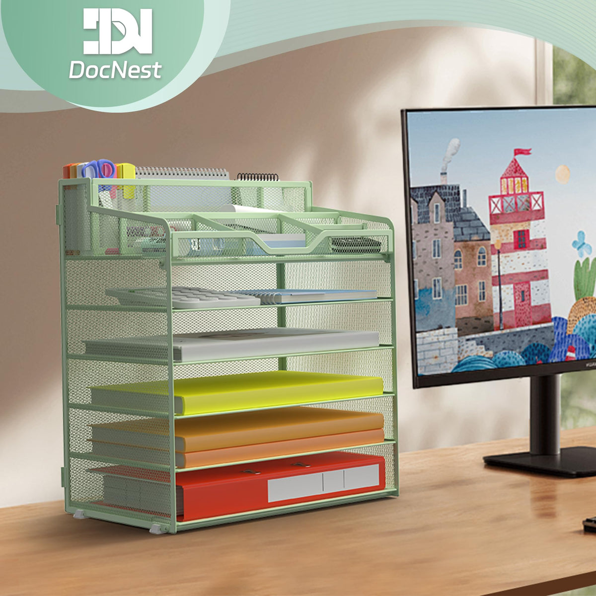 Docnest 6 Tier Mesh Desk Organizer with Letter Tray & Paper Sorter, Green