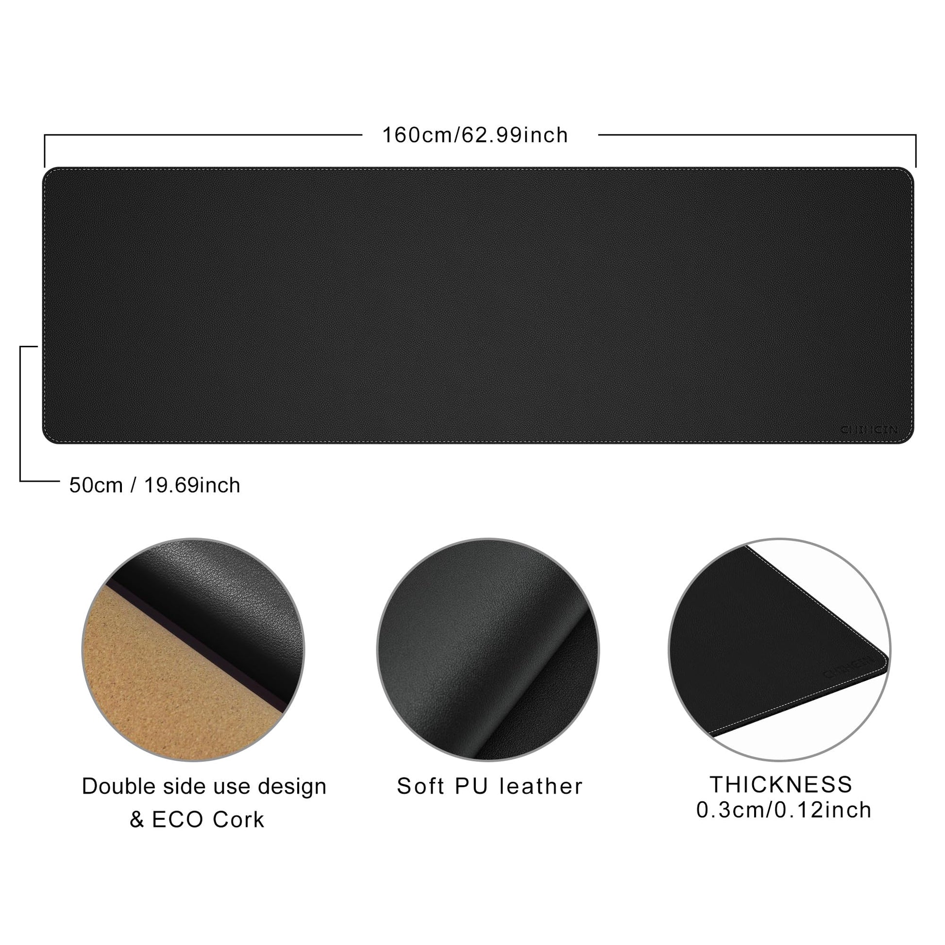 Chihein 63” x 20” Cork & PU Leather Desk Mat (Black) - Huge Mouse Pad, Double Sided Waterproof Desk
