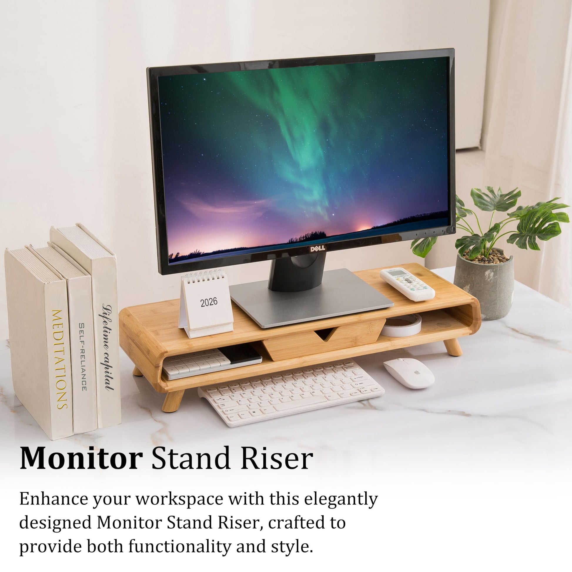 Homerays Bamboo Monitor Stand Riser, No Assembly Required Exquisite Monitor Stand with Drawer
