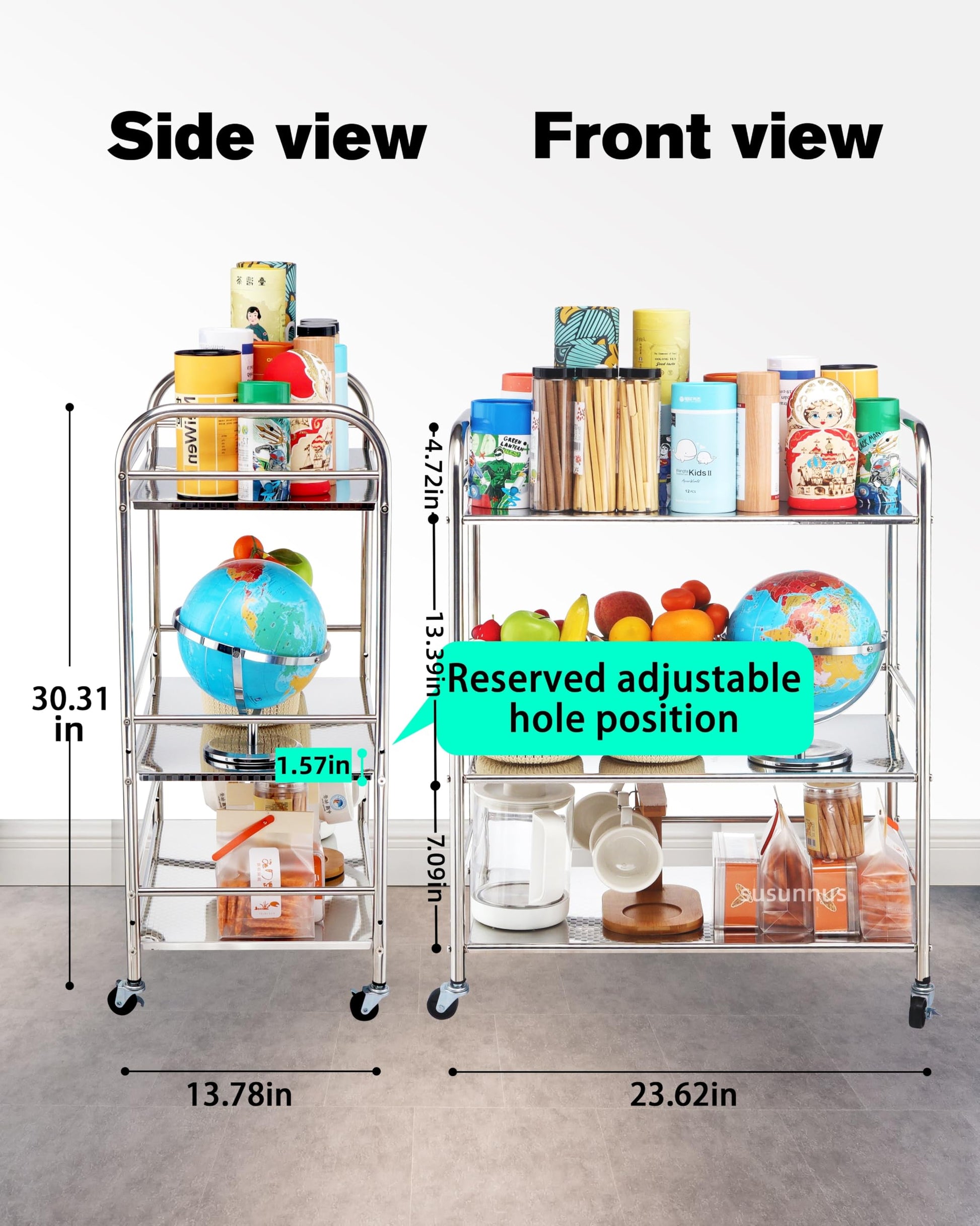 susunnus Stainless Steel Cart,Movable,3 Tier,for Kitchen,Living Room