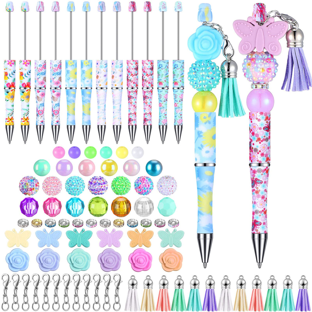 Teling 12 Sets Butterfly Flower Beadable Pens Black Ink Ballpoint Beaded