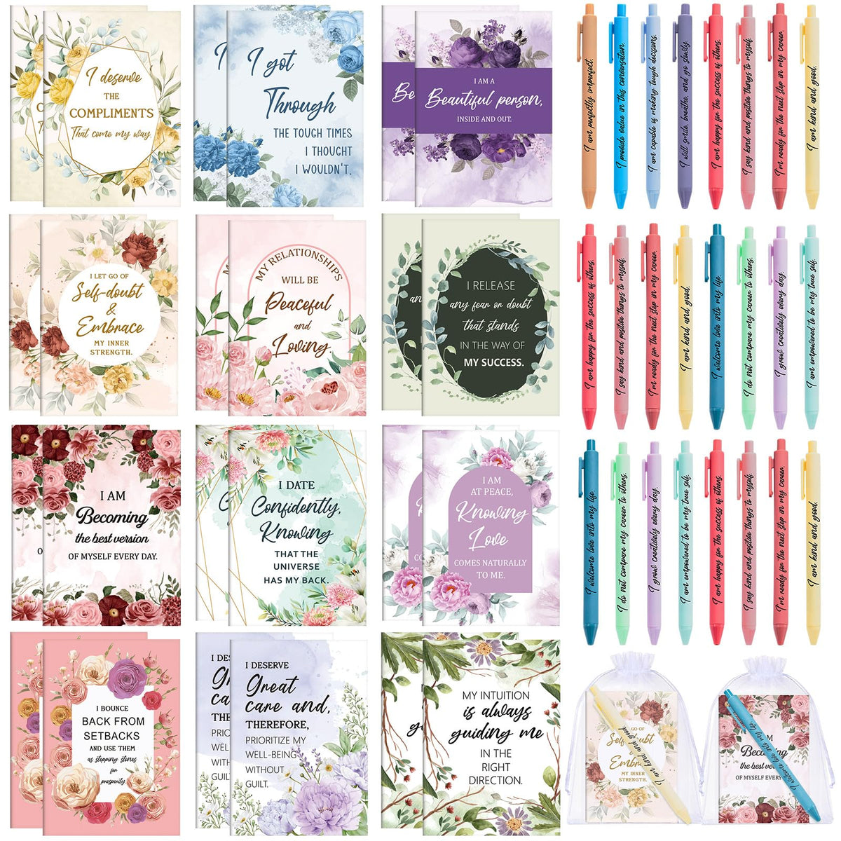 Mooliwe 48 Pcs Affirmation Notebooks Pens Bulk Gifts, Gratitude,Watercolor