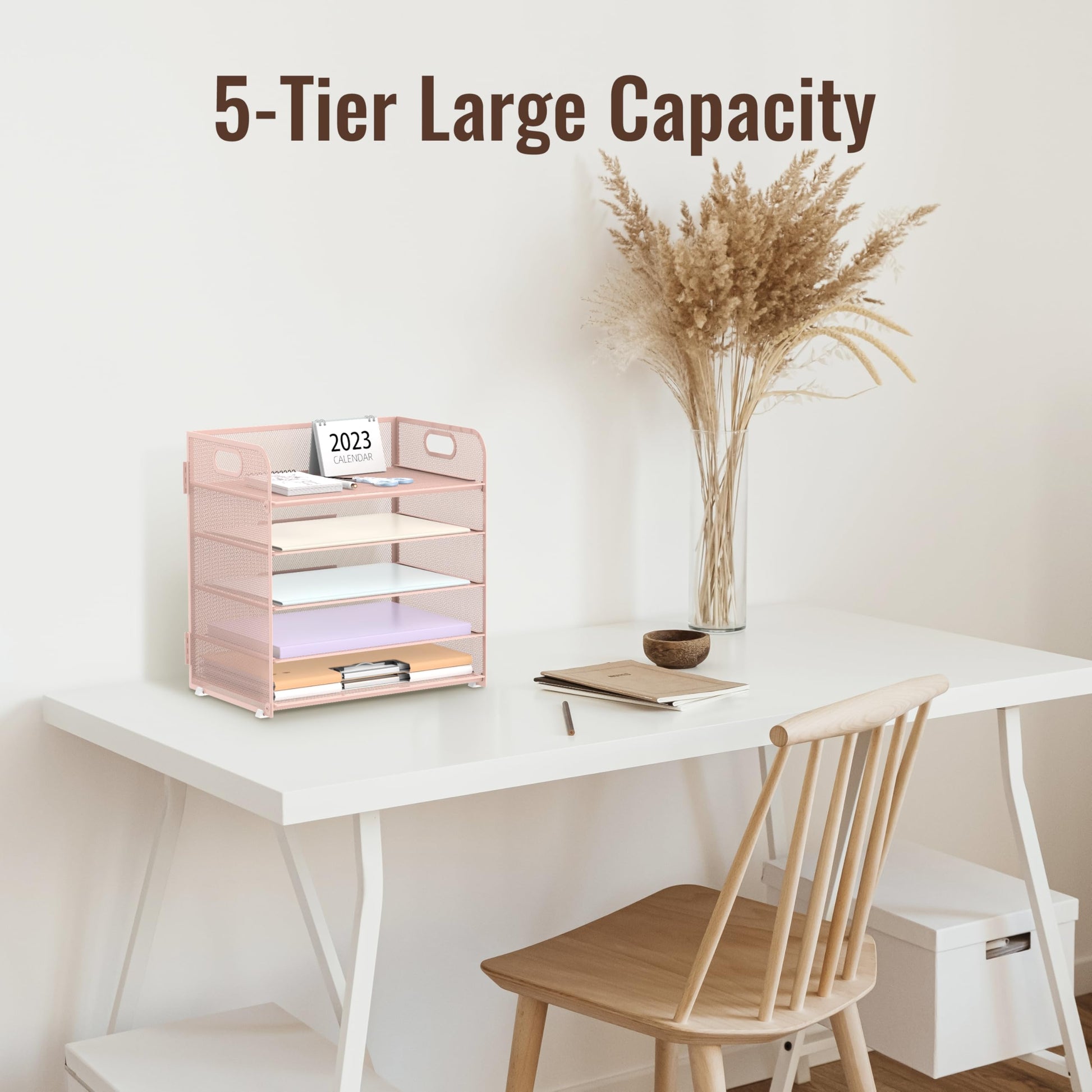 2 Pack 5-Tier Pink Desk Organizer with Handle Mesh Desk File/Paper Organizer Letter Tray for
