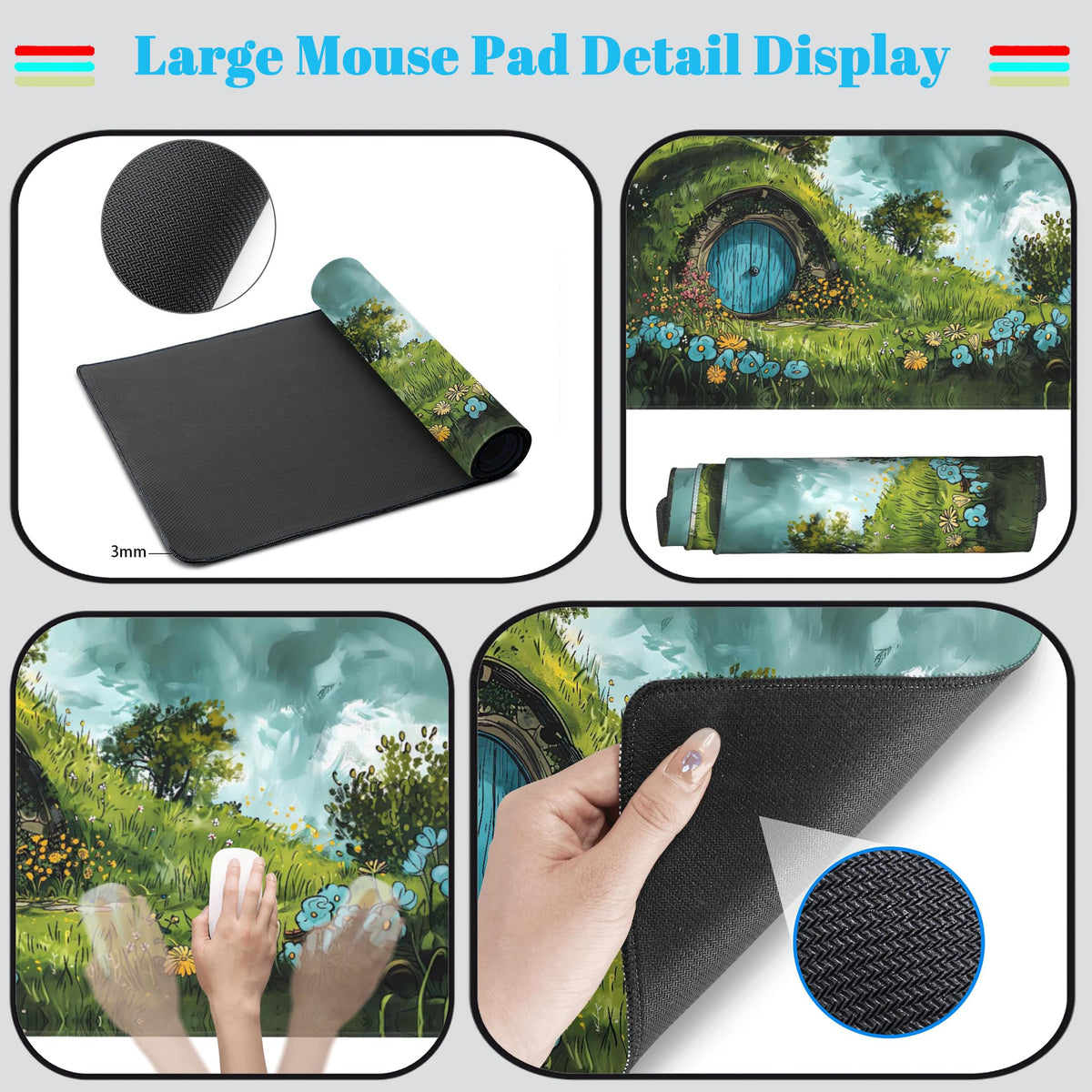 Cute Landscape Cartoons Desk Mat Aesthetic Gaming Mouse Pad XXL Large Extended Green Sage Desk Pad