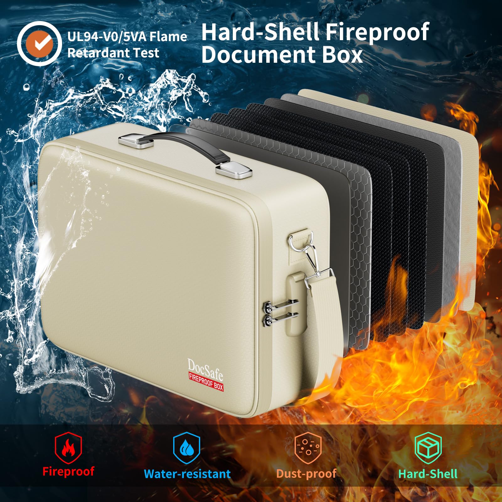 DocSafe Fireproof Document Box Hard Case with Lock ＆ Accordion File Folder