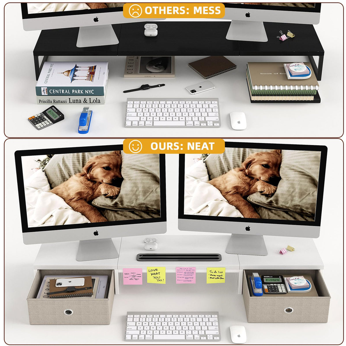 39 Inch Dual Monitor Stand Riser with 2 Drawers - Large White Wooden Computer Stand for 2 Monitors