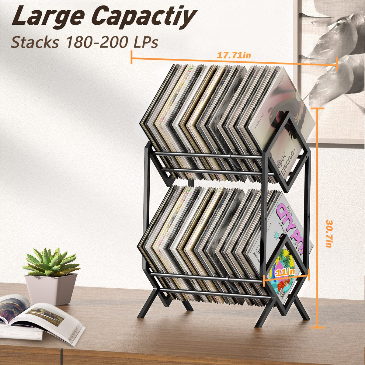 RUILALIFE 2-Tier-Vinyl-Record-Storage-Holder With Dividers, 200 LPs Albums Storage Rack Shelf