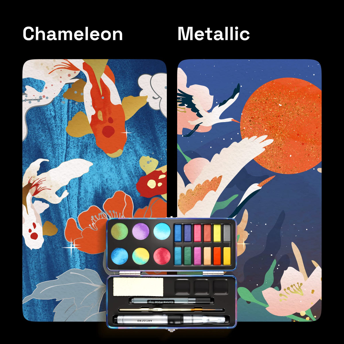 ARTISTRO Metallic Watercolor Paint Set with Palette & Brush Pens - 18 Color