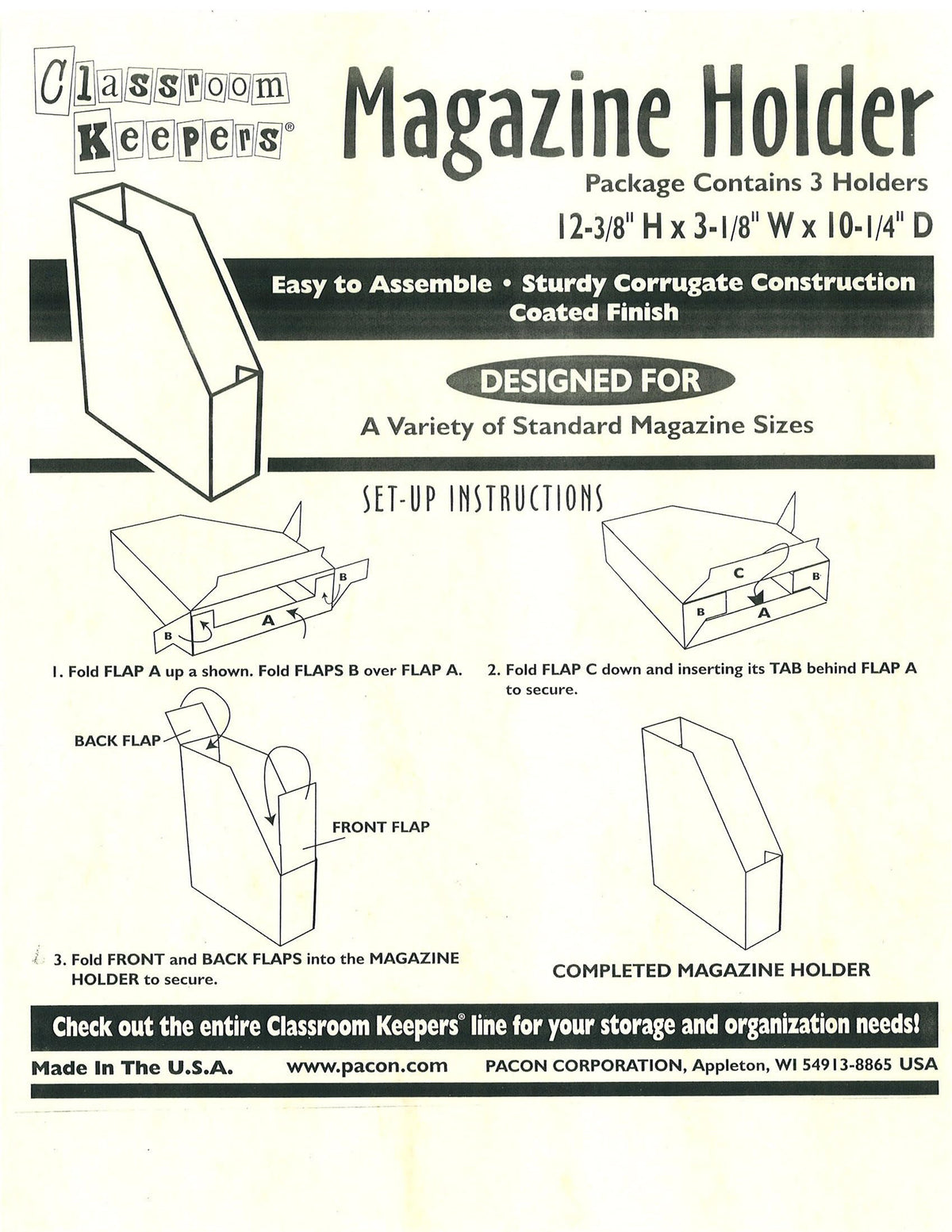 Classroom Keepers Magazine Holders, Assorted Colors, 12-3/8"H x 3-1/8"W x 10-1/4"D, 6 Pieces