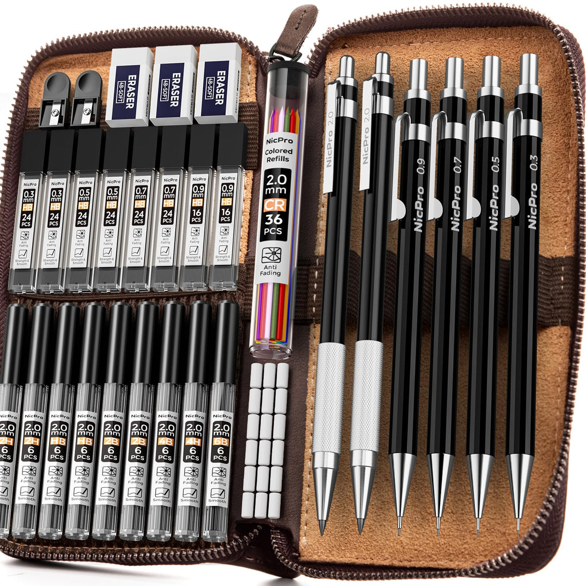 Nicpro 33PCS Black Metal Mechanical Pencil Set in Leather Case, Art Drafting Pencil 0.3, 0.5, 0.7