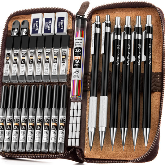Nicpro 33PCS Black Metal Mechanical Pencil Set in Leather Case, Art Drafting Pencil 0.3, 0.5, 0.7