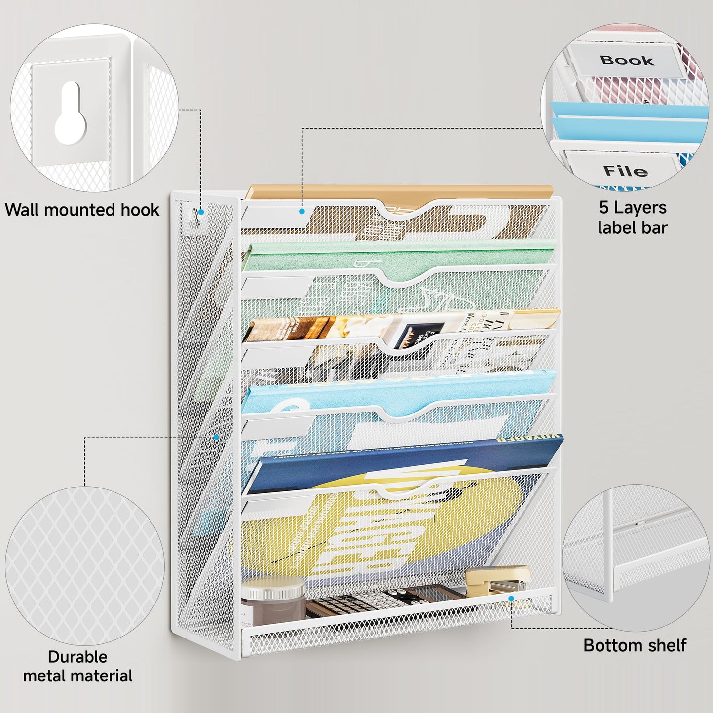Lavatino 6-Tier Hanging File Organizer, Wall Mount File Holder for Mails Folders Papers Magazine