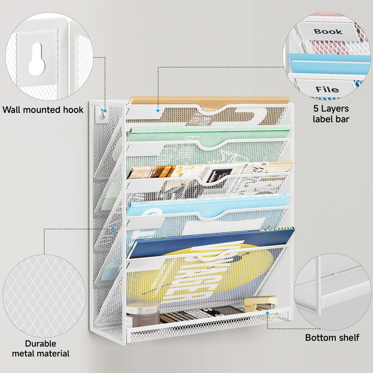 Lavatino 6-Tier Hanging File Organizer, Wall Mount File Holder for Mails Folders Papers Magazine