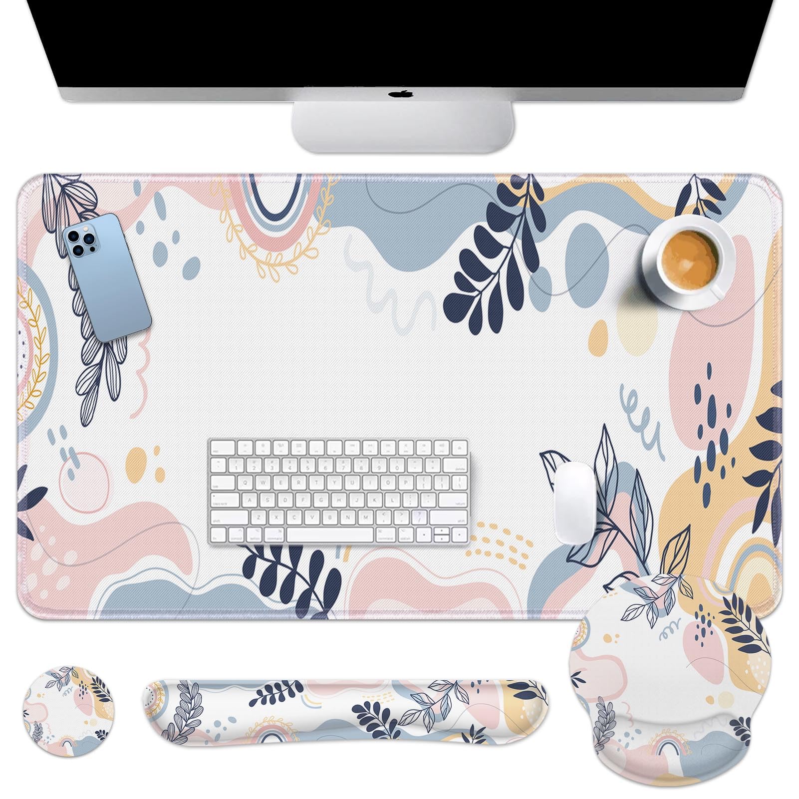 Arttown Keyboard Mouse Pad Set, 4 in 1 Desk Mat Set Tropical Leaves