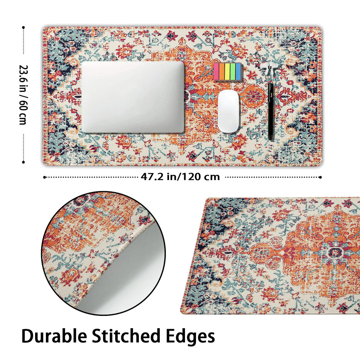 Orange Teal Boho Gaming Mouse Pad Extended 3XL Rug Carpet Bohemian Retro Large Desk Mat Big