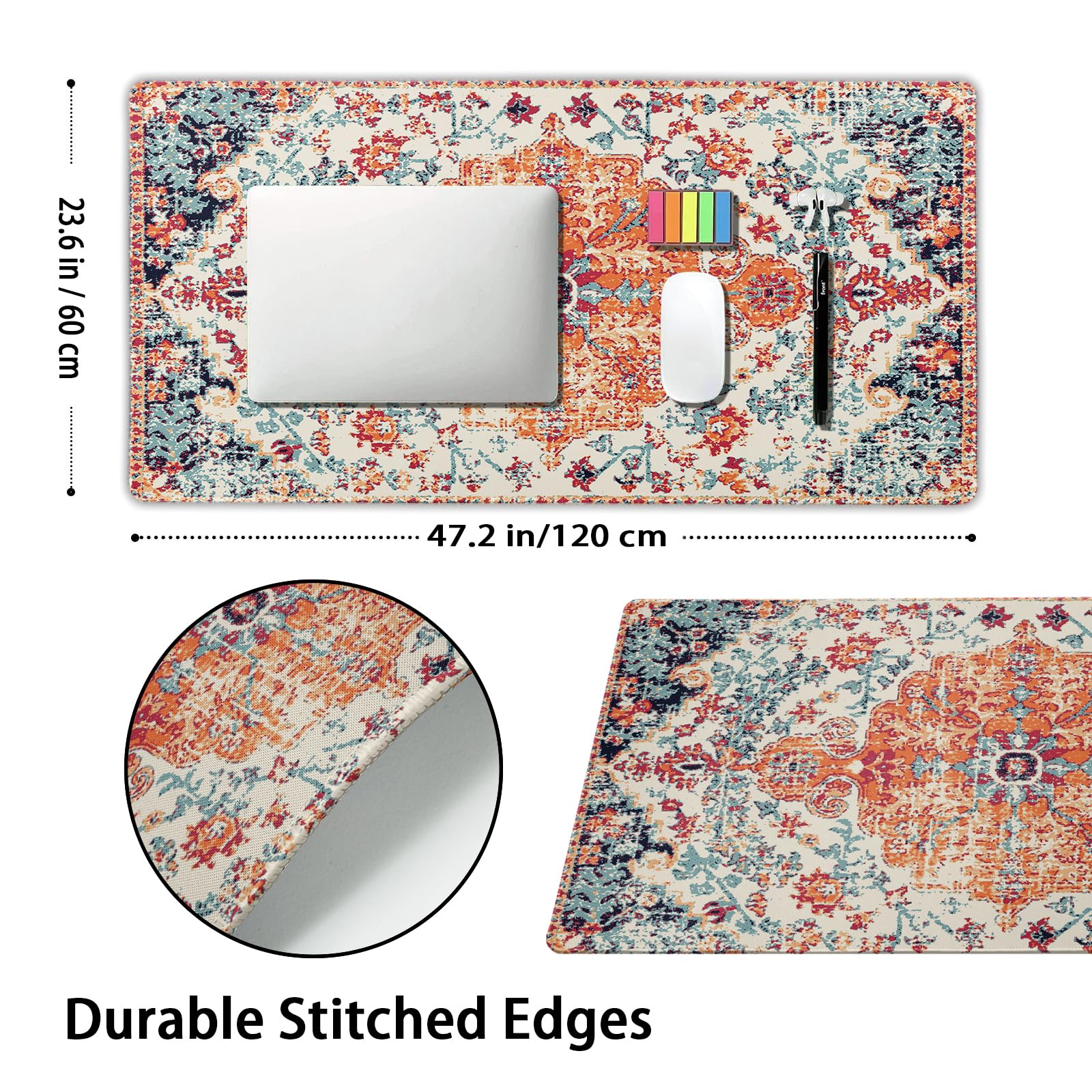Orange Teal Boho Gaming Mouse Pad Extended 3XL Rug Carpet Bohemian Retro Large Desk Mat Big
