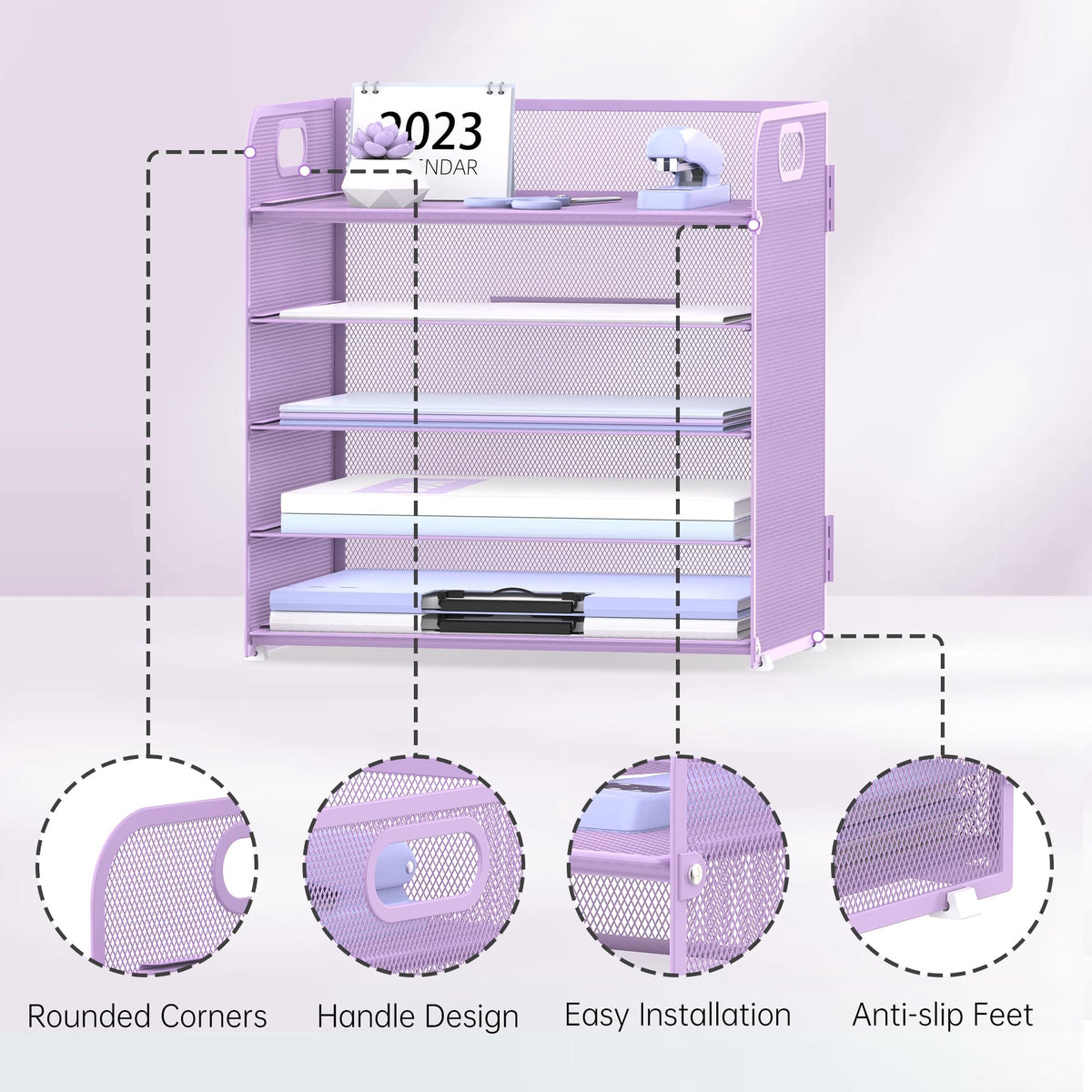 2 Pack 5-Tier Purple Desk Organizer with Handle Mesh Desk File/Paper Organizer Letter Tray for